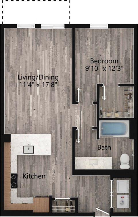 Floor plan for 1 bed, 1 bath, 713 sqft